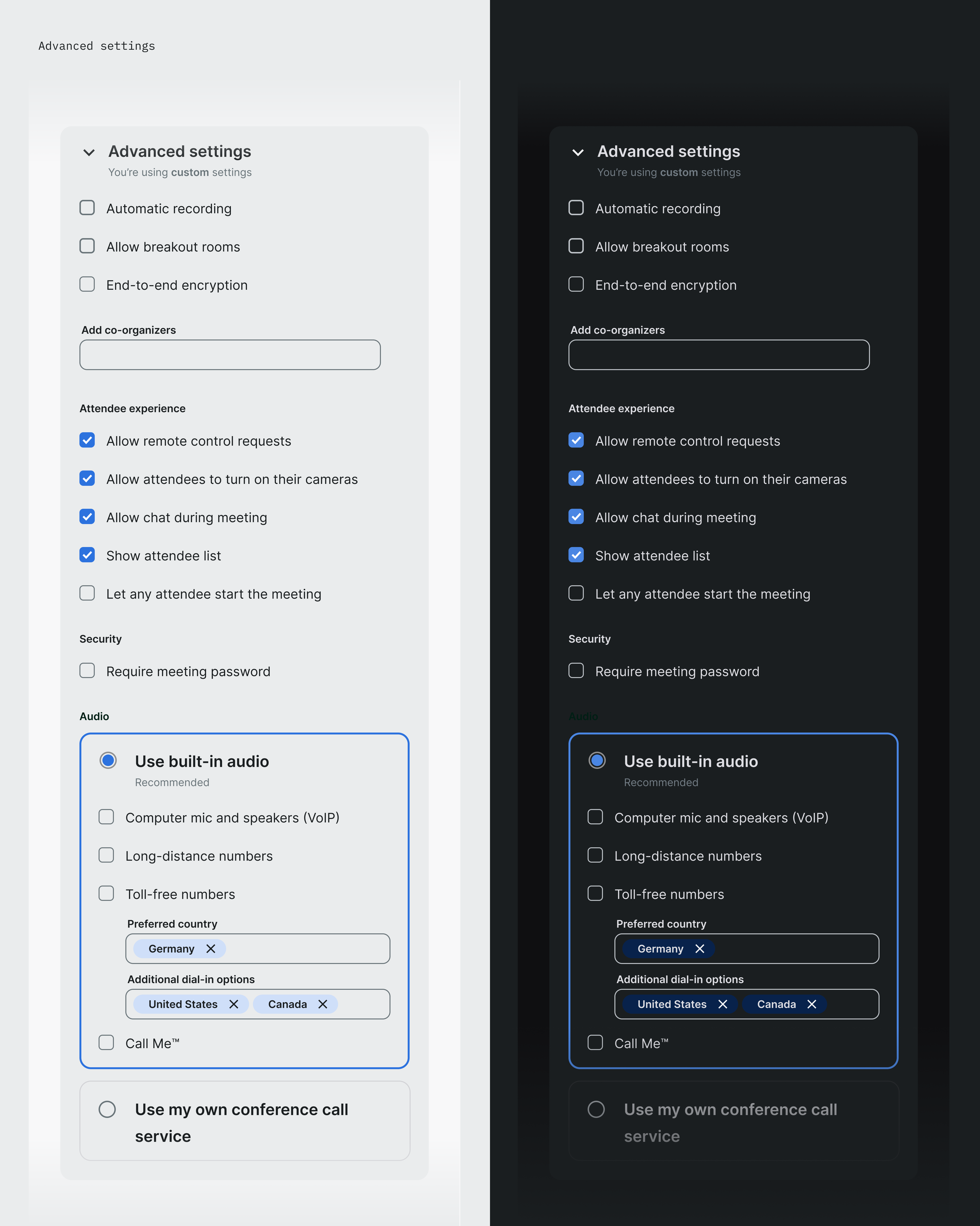 Advanced meeting settings panel